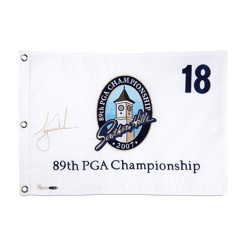 Limited Edition Tiger Woods Autographed 2007 PGA Championship Flag #/500: Limited Edition Tiger Woods Autographed 2007 PGA Championship Flag #/500 This is a limited edition Tiger Woods autographed 2007 PGA Championship pin flag, serial numbered to 500. The flag showcases th