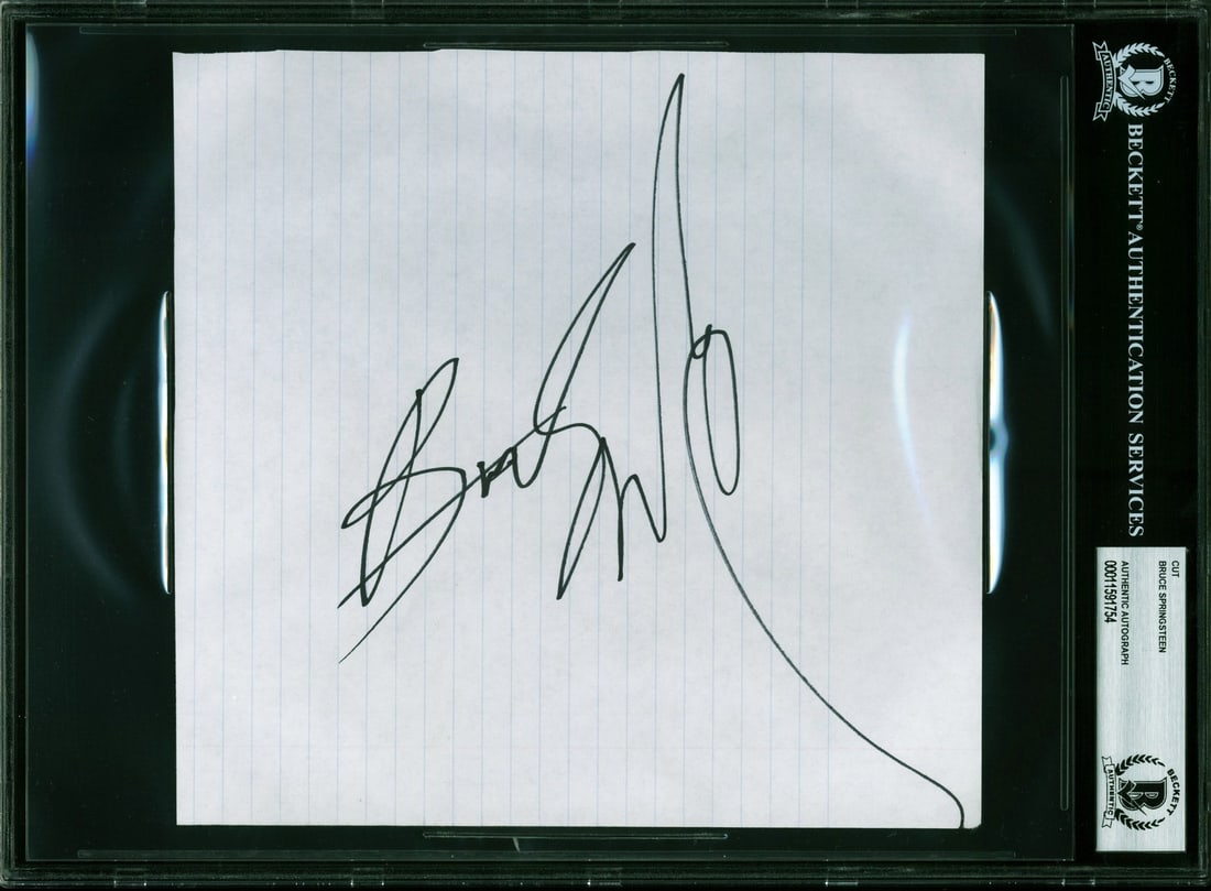 Bruce Springsteen Signed 7.5x8 Cut Signature Authenticated by Beckett: Bruce Springsteen Signed 7.5x8 Cut Signature Authenticated by Beckett This is an authentic cut signature of Bruce Springsteen, measuring 7.5x8 inches. The signature has been personally signed by Sprin