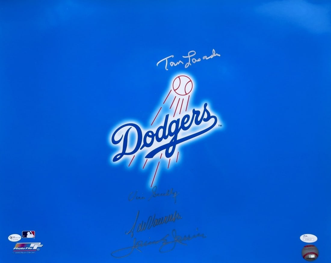 Vin Scully Lasorda Valenzuela Jarrin Signed 16X20 Photo JSA Dodgers: Vin Scully Lasorda Valenzuela Jarrin Signed 16X20 Photo JSA Dodgers This original autographed 16X20 photo features iconic figures of the Los Angeles Dodgers: Vin Scully, Tommy Lasorda, Fernando Valenz