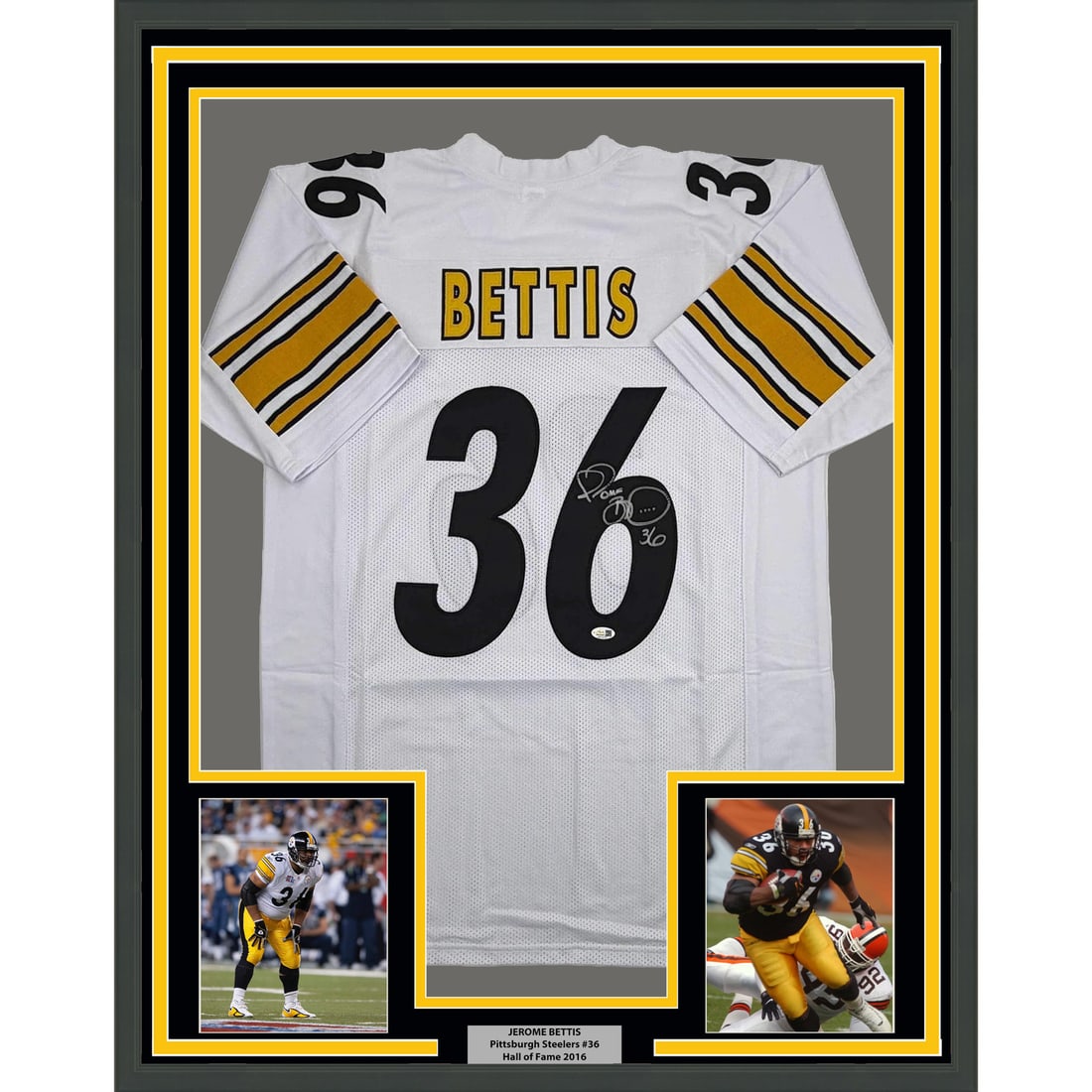 Jerome Bettis Signed Pittsburgh White Jersey in 35x39 Framed Display JSA COA: Jerome Bettis Signed Pittsburgh White Jersey in 35x39 Framed Display JSA COA This framed display features a white Pittsburgh Steelers jersey autographed by Jerome Bettis. The jersey is professionally