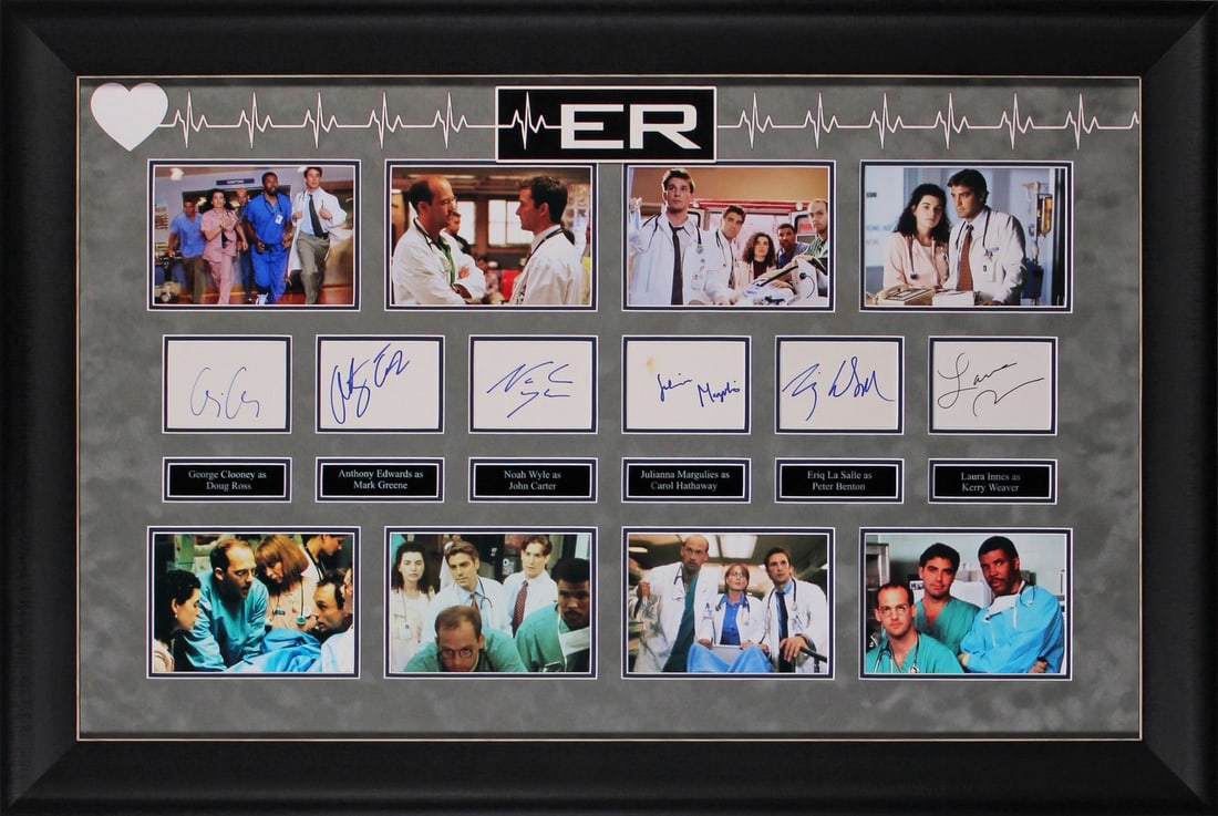 ER Signed Framed Display with Clooney Wyle Margulies BAS Certified: ER Signed Framed Display with Clooney Wyle Margulies BAS Certified This stunning autographed framed display features the signatures of iconic cast members from the beloved television series ER, includ