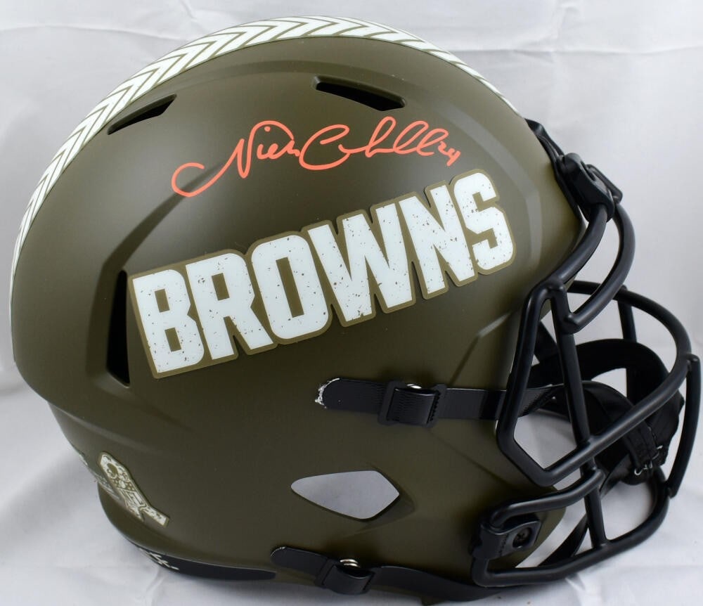 Nick Chubb Autographed Browns Salute to Service Speed Helmet Beckett Authenticated (1 of 10)