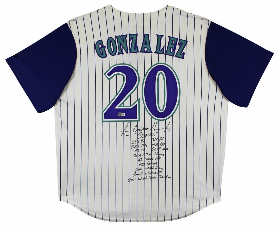 Luis Gonzalez Signed White Pinstripe Majestic Jersey with Career Stats BAS Authenticated: Luis Gonzalez Signed White Pinstripe Majestic Jersey with Career Stats BAS Authenticated Celebrate the legacy of Luis Gonzalez with this original, autographed white pinstripe Majestic Cool Base jersey