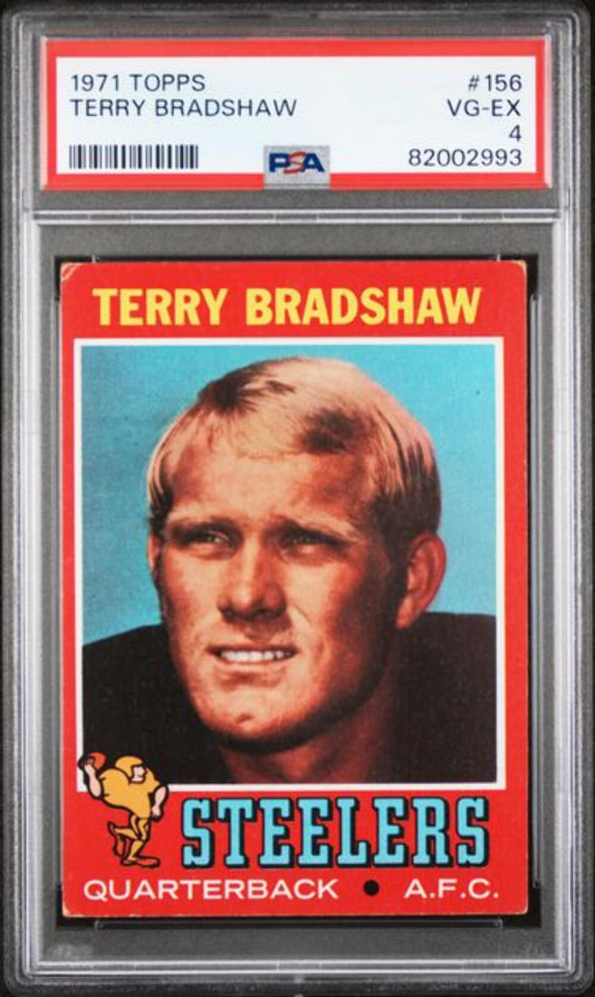 1971 Topps Terry Bradshaw Rookie Football Card PSA 4 NFL: 1971 Topps Terry Bradshaw Rookie Football Card PSA 4 NFL This is a graded 1971 Topps Terry Bradshaw #156 Rookie RC Football Card, featuring the legendary quarterback of the Pittsburgh Steelers. The ca