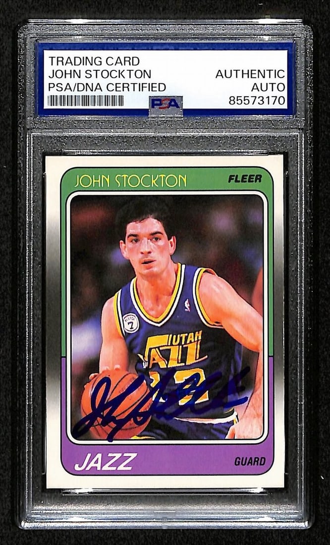 John Stockton Signed 1988 Fleer Rookie Card #115 PSA/DNA: John Stockton Signed 1988 Fleer Rookie Card #115 PSA/DNA Offered is an authentic John Stockton Hall of Fame signed 1988 Fleer Rookie Card #115. This card features a bold autograph from the legendary U