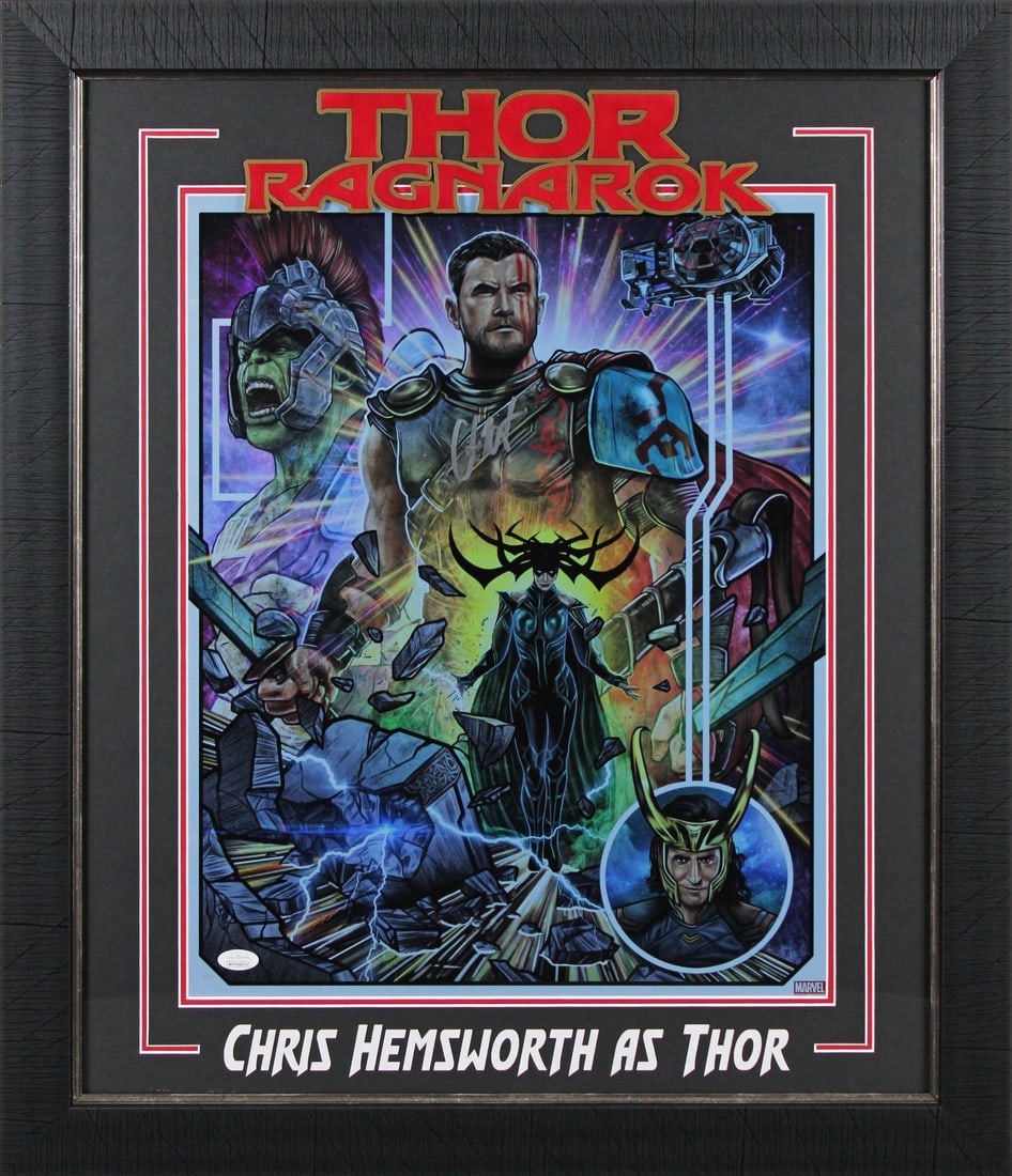 Chris Hemsworth Signed Thor Ragnarok 16x20 Foil Giclee LE #9/10 JSA Authenticated: Chris Hemsworth Signed Thor Ragnarok 16x20 Foil Giclee LE #9/10 JSA Authenticated This stunning 16x20 Foil Fine Art Giclee features a personally signed autograph by Chris Hemsworth, known for his icon