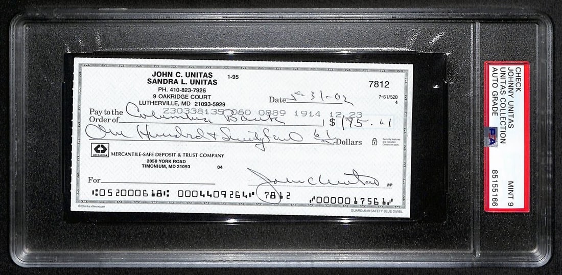Johnny Unitas Signed Check PSA/DNA MINT 9 Baltimore Colts: Johnny Unitas Signed Check PSA/DNA MINT 9 Baltimore Colts This collectible features a Johnny Unitas signed Baltimore Colts canceled check dated October 31, 2002. The check is authenticated by PSA/DNA,