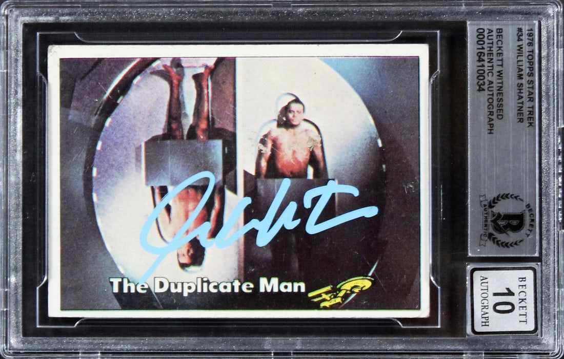 William Shatner Signed 1976 Topps Star Trek #34 Card Gem Mint 10 Beckett Authenticated: William Shatner Signed 1976 Topps Star Trek #34 Card Gem Mint 10 Beckett Authenticated This is a signed 1976 Topps Star Trek #34 card featuring the autograph of William Shatner, known for his iconic r