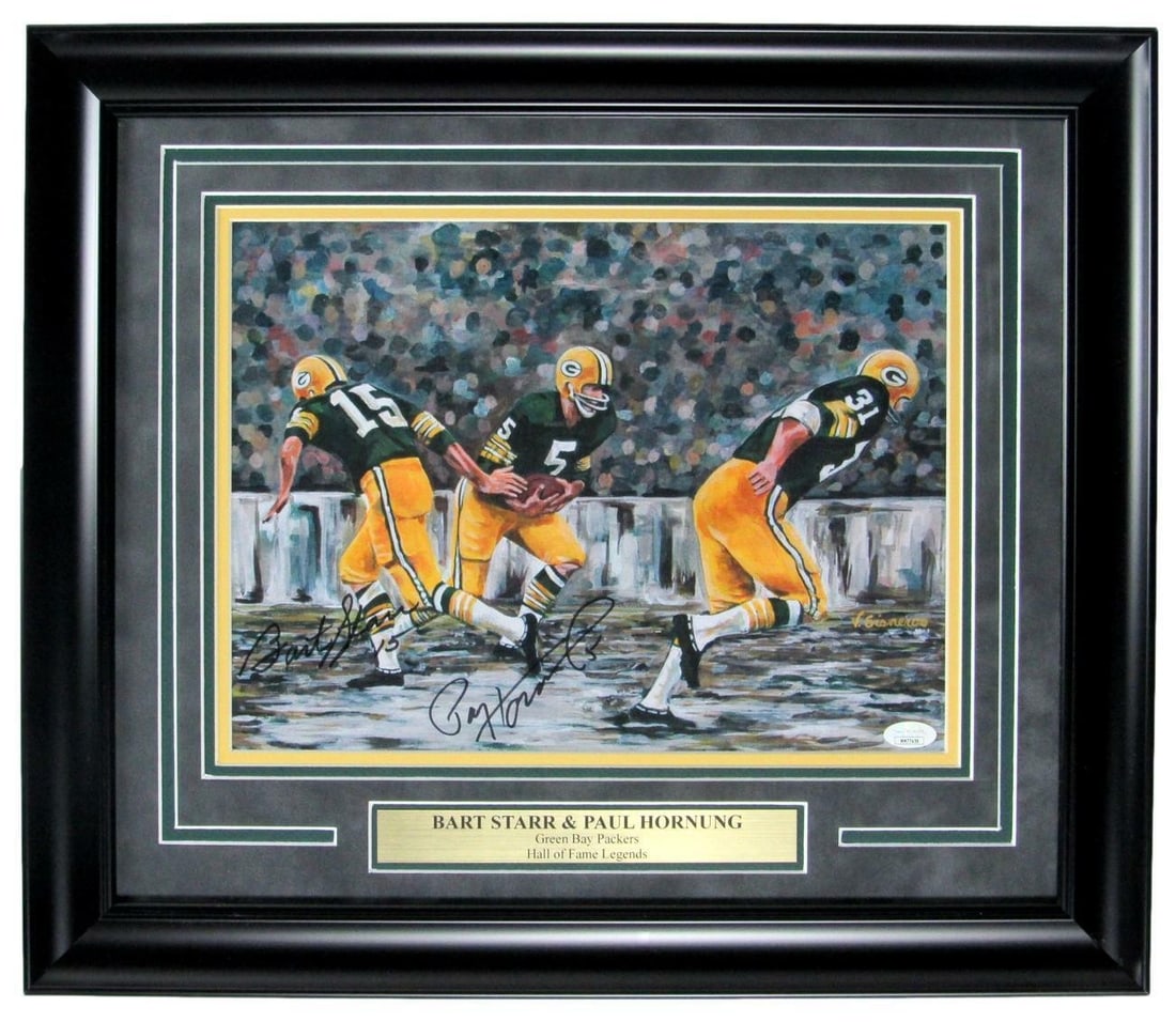 Framed Green Bay Packers 11x14 Photo Signed by Bart Starr and Paul Hornung JSA: Framed Green Bay Packers 11x14 Photo Signed by Bart Starr and Paul Hornung JSA This framed 11x14 photo features authentic signatures from Hall of Famers Bart Starr and Paul Hornung of the Green Bay Pa