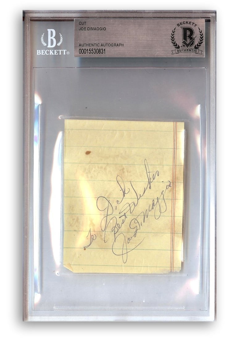 Joe DiMaggio Autographed Cut Signature New York Yankees Beckett Authenticated: Joe DiMaggio Autographed Cut Signature New York Yankees Beckett Authenticated Celebrate the legacy of baseball legend Joe DiMaggio with this authentic cut signature. This signed piece is a remarkable