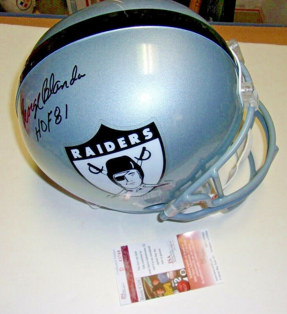 Signed George Blanda Raiders Full Size Replica Helmet with JSA COA: Signed George Blanda Raiders Full Size Replica Helmet with JSA COA This is a full-size replica helmet signed by George Blanda of the Raiders, commemorating his Hall of Fame induction in 1981. The helm