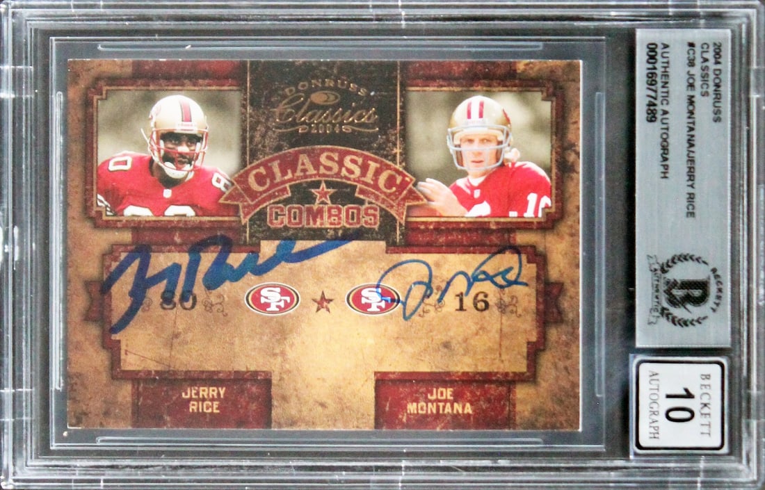 Jerry Rice Joe Montana Signed 2004 Donruss Classics Card Gem Mint 10 BAS: Jerry Rice Joe Montana Signed 2004 Donruss Classics Card Gem Mint 10 BAS This exceptional collectible features the signatures of two legendary San Francisco 49ers players, Jerry Rice and Joe Montana,