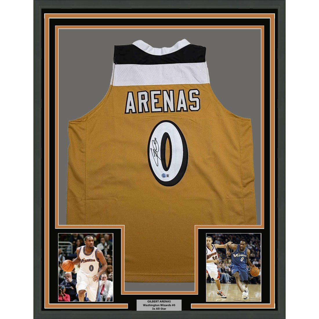 Gilbert Arenas Signed Washington Gold Jersey Framed 35x39 With Beckett COA: Gilbert Arenas Signed Washington Gold Jersey Framed 35x39 With Beckett COA This framed display features a Gilbert Arenas Washington Wizards gold jersey, autographed and authenticated by Beckett Gradin