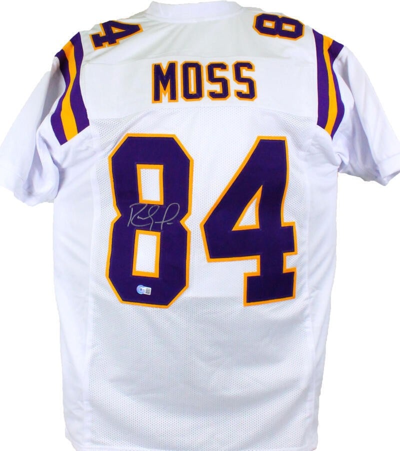 Randy Moss Signed Minnesota Vikings White Jersey Beckett Authenticated: Randy Moss Signed Minnesota Vikings White Jersey Beckett Authenticated This is a Randy Moss autographed white pro style jersey representing the Minnesota Vikings. The jersey features a signature authe