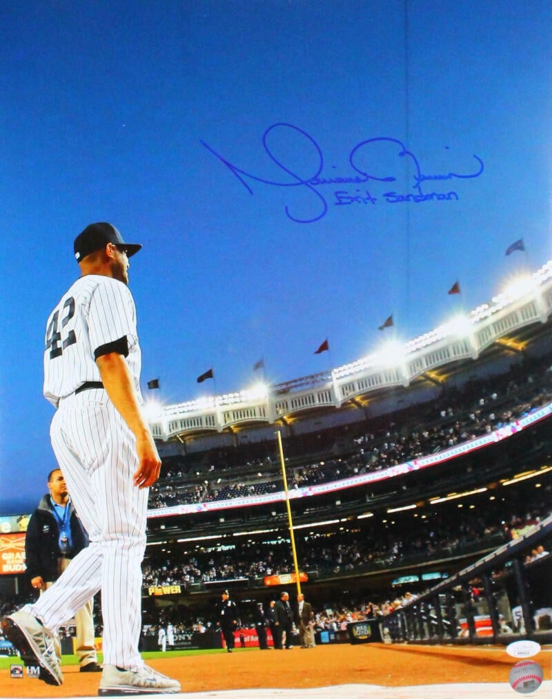 Mariano Rivera Signed 16x20 Yankees Photo with Exit Sandman JSA Auth: Mariano Rivera Signed 16x20 Yankees Photo with Exit Sandman JSA Auth This is an original 16x20 photo of Mariano Rivera, capturing the iconic back view as he prepares to exit the field, famously known