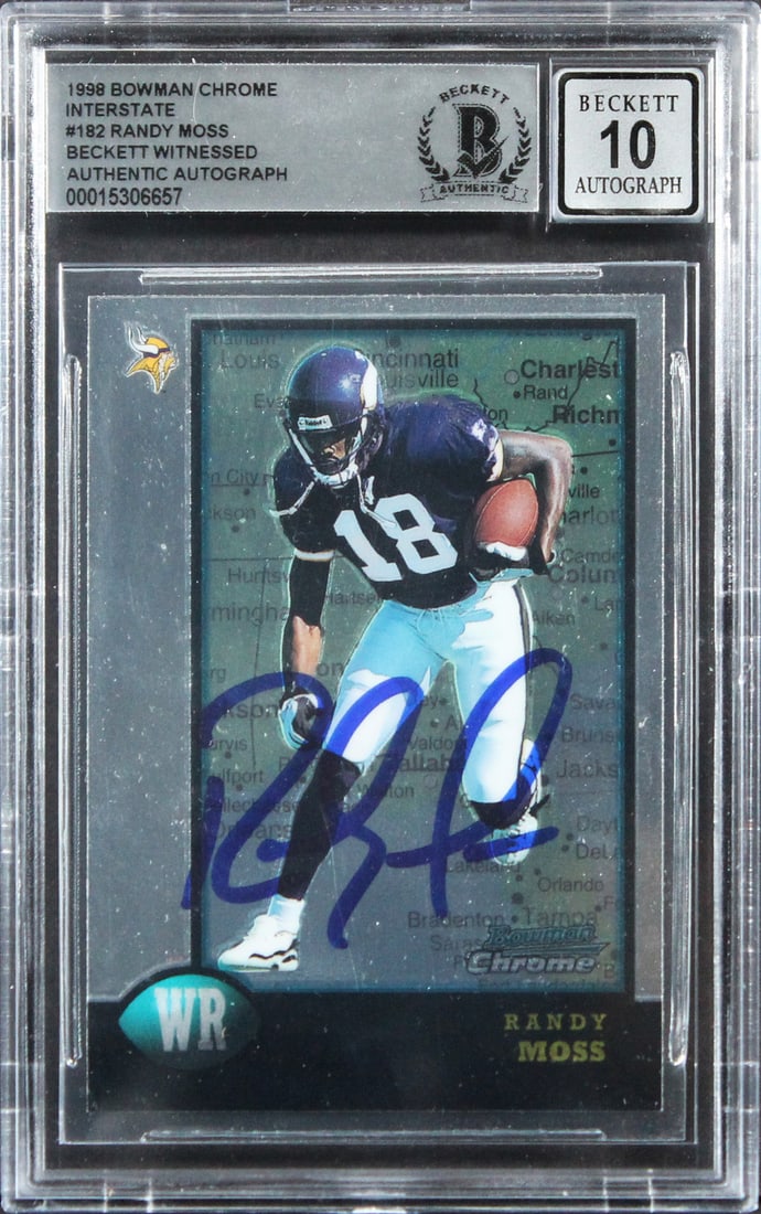 Randy Moss Signed 1998 Bowman Chrome RC Card Gem Mint 10 BAS: Randy Moss Signed 1998 Bowman Chrome RC Card Gem Mint 10 BAS This is a Randy Moss signed 1998 Bowman Chrome Interstate #182 Rookie Card, graded Gem Mint 10 by Beckett Authentication Services. The card