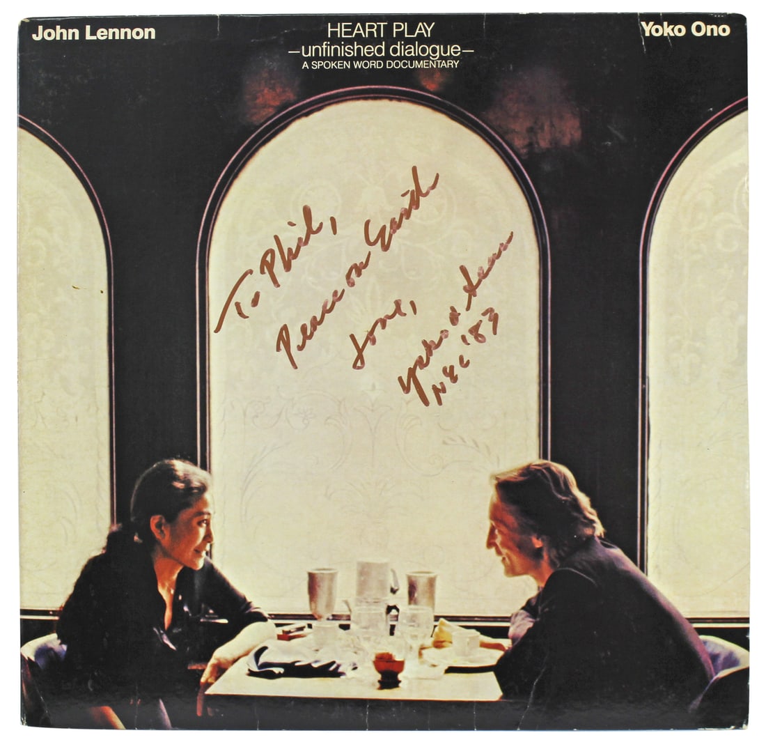 Yoko Ono Signed Heart Play Album Cover BAS A39328: Yoko Ono Signed Heart Play Album Cover BAS A39328 This is an original signed Heart Play album cover by Yoko Ono, inscribed "To Phil, Peace & Love From Yoko & Sean NYC '83." The item is authenticated b