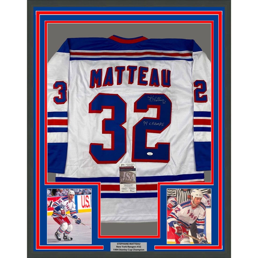 Framed Signed Stephane Matteau 94 Champs Jersey with JSA COA: Framed Signed Stephane Matteau 94 Champs Jersey with JSA COA Celebrate the legacy of NHL player Stephane Matteau with this professionally framed and autographed 1994 Championship white jersey. This st