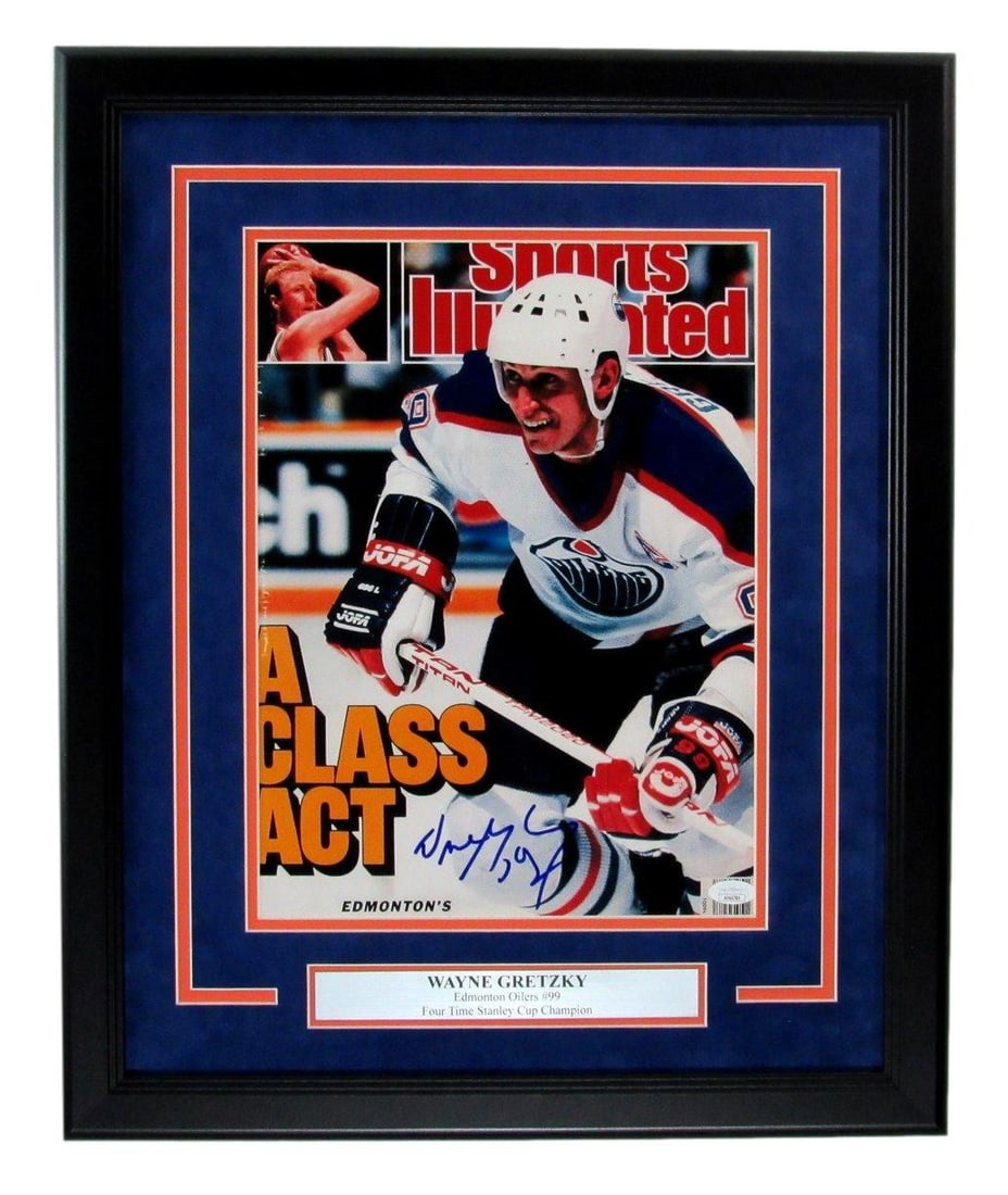 Framed 11x14 Edmonton Oilers Photo Autographed by Wayne Gretzky JSA Authenticated: Framed 11x14 Edmonton Oilers Photo Autographed by Wayne Gretzky JSA Authenticated This framed 11x14 Sports Illustrated photo features an authentic signature from Wayne Gretzky, commemorating his legac