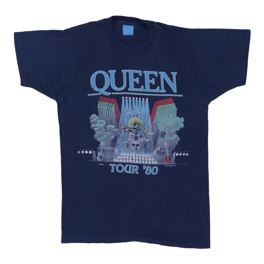 Vintage 1980 Blue Queen Concert T Shirt Poly Cotton Blend: Vintage 1980 Blue Queen Concert T Shirt Poly Cotton Blend This is an original vintage Queen Tour shirt from 1980. The shirt features no back graphics and is crafted from a blue 50/50 polyester-cotton