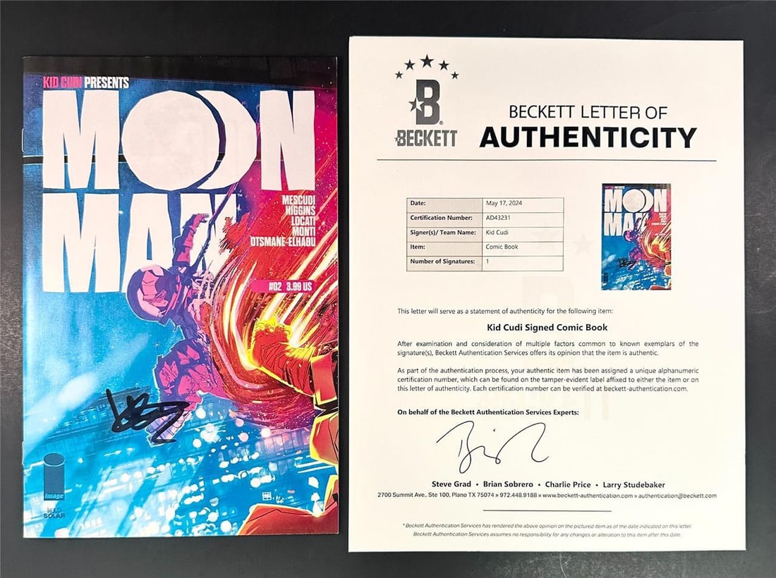 Kid Cudi Signed Moon Man Comic Book Issue #2 Beckett Authenticated: Kid Cudi Signed Moon Man Comic Book Issue #2 Beckett Authenticated This is an original Kid Cudi signed Moon Man Comic Book Issue #2 Cover A, featuring a bold autograph authenticated by Beckett. The co