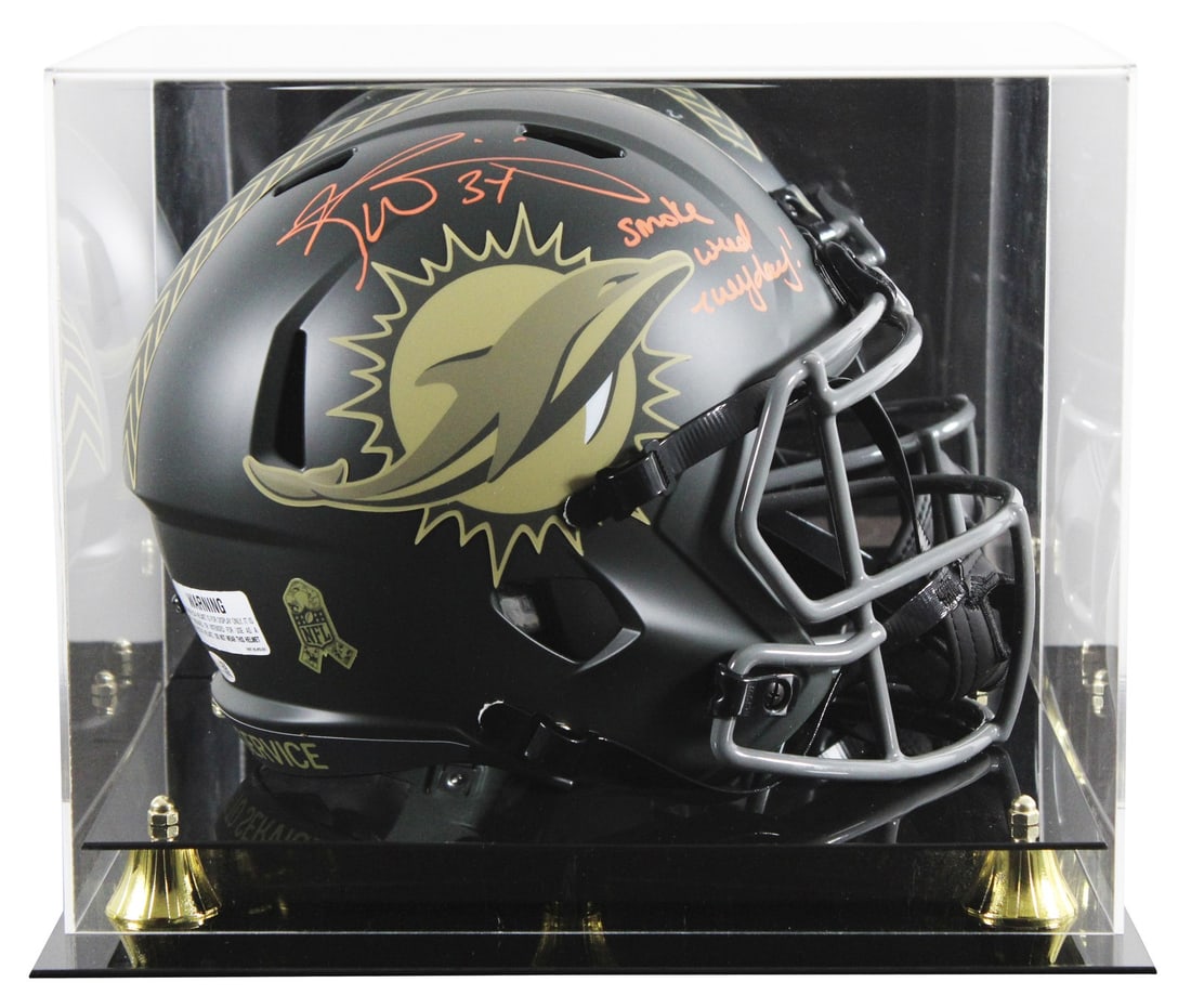 Ricky Williams Signed Dolphins Salute to Service Speed Helmet With JSA and Display Case: Ricky Williams Signed Dolphins Salute to Service Speed Helmet With JSA and Display Case This is an autographed Miami Dolphins Salute To Service IV Riddell full-size Speed replica helmet, personally si