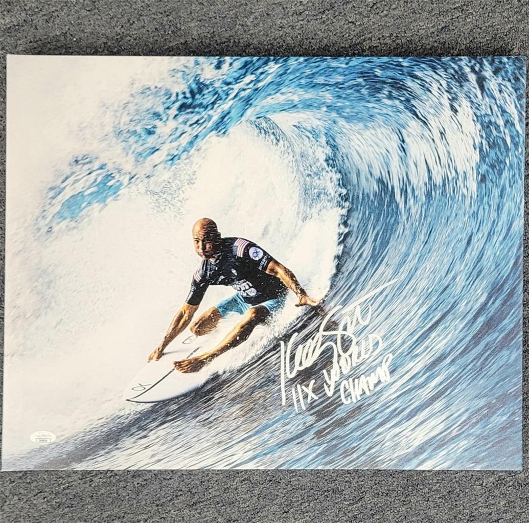 Kelly Slater 11x World Champ Signed 16x20 Canvas Photo JSA Authenticated: Kelly Slater 11x World Champ Signed 16x20 Canvas Photo JSA Authenticated Celebrate the legacy of surfing with this original 16x20 canvas photo signed by Kelly Slater, the legendary 11-time World Champ