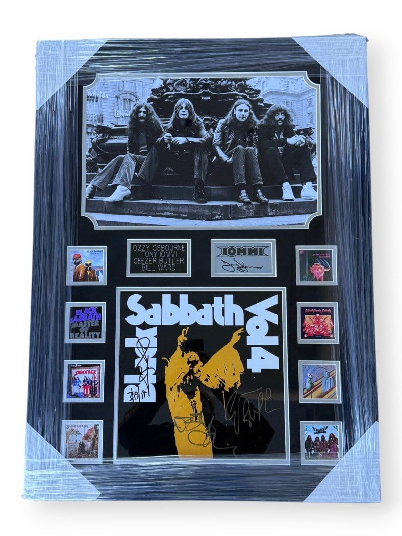 Framed Black Sabbath Album Signed by Ozzy Osbourne Tony Iommi and Two Others: Framed Black Sabbath Album Signed by Ozzy Osbourne Tony Iommi and Two Others This is a framed original Black Sabbath album cover and cut, featuring signatures from Ozzy Osbourne, Tony Iommi, Geezer Bu