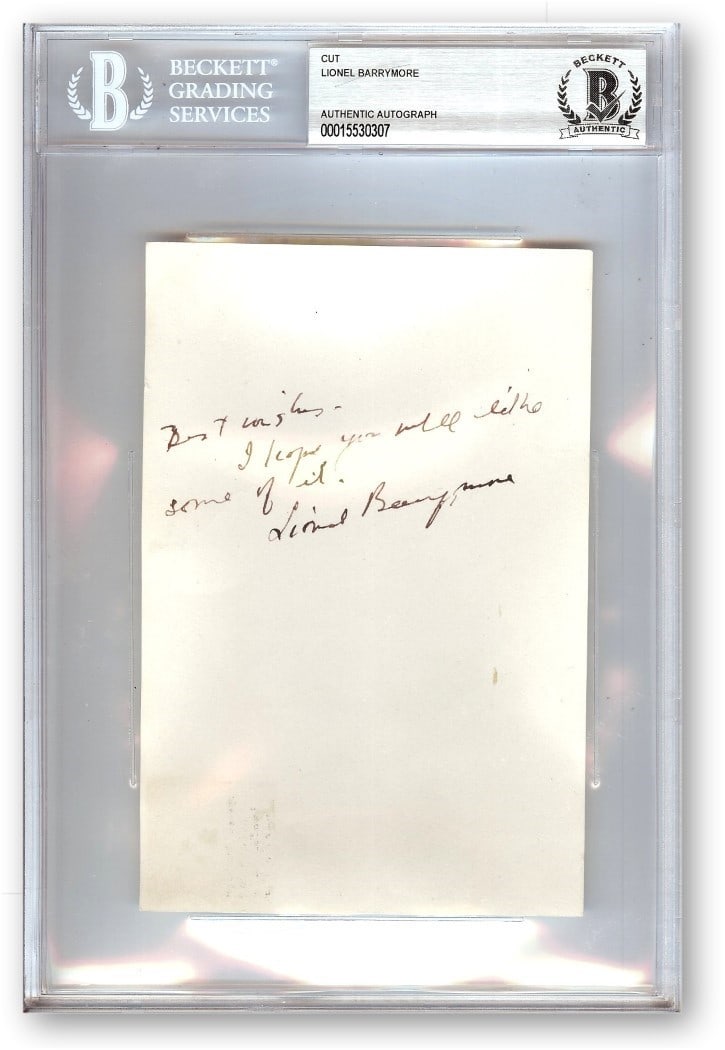 Beckett Authenticated Lionel Barrymore Autograph Cut From It's a Wonderful Life: Beckett Authenticated Lionel Barrymore Autograph Cut From It's a Wonderful Life This is an original autographed cut signature of Lionel Barrymore, known for his role in "It's a Wonderful Life." The au