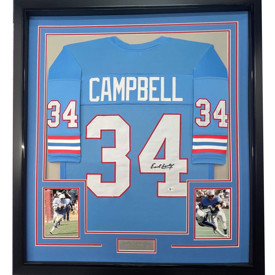 Framed Earl Campbell Autographed Houston Oilers Jersey JSA COA 33x42: Framed Earl Campbell Autographed Houston Oilers Jersey JSA COA 33x42 Celebrate the legacy of Earl Campbell with this professionally framed and autographed Houston Oilers jersey. Measuring 33"x42", thi