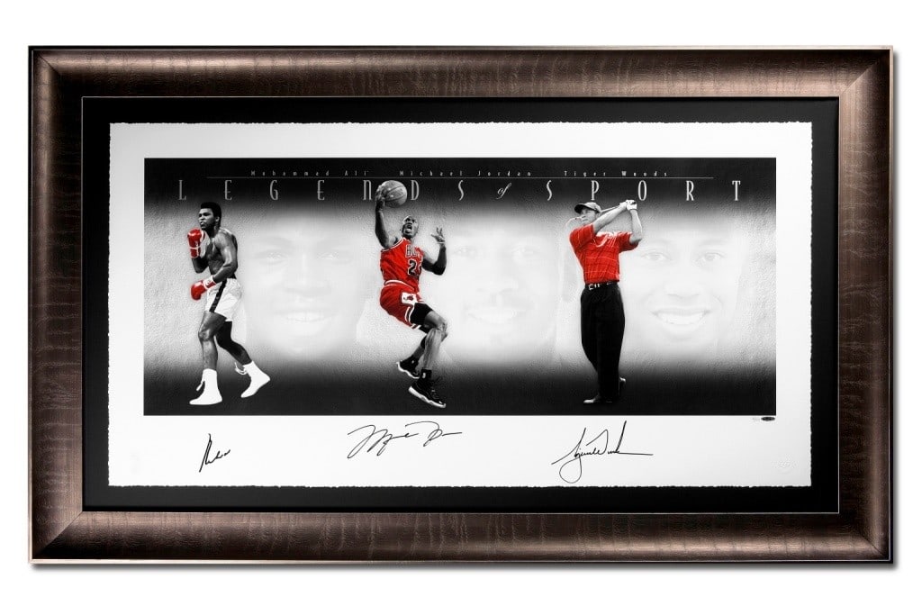 Michael Jordan Muhammad Ali Tiger Woods Signed Print Framed 49 x 25 Limited Edition: Michael Jordan Muhammad Ali Tiger Woods Signed Print Framed 49 x 25 Limited Edition This stunning framed print features a collage of three legendary sports icons: Muhammad Ali, Michael Jordan, and Tig