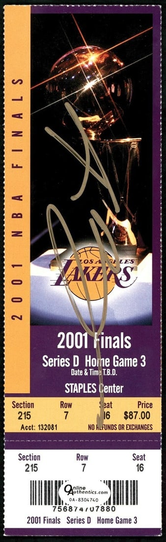 Kobe Bryant Signed 2001 NBA Finals Phantom Ticket JSA COA: Kobe Bryant Signed 2001 NBA Finals Phantom Ticket JSA COA This extraordinary collectible features a full ticket from Game 6 of the 2001 NBA Finals, issued by the Los Angeles Lakers, and signed by the