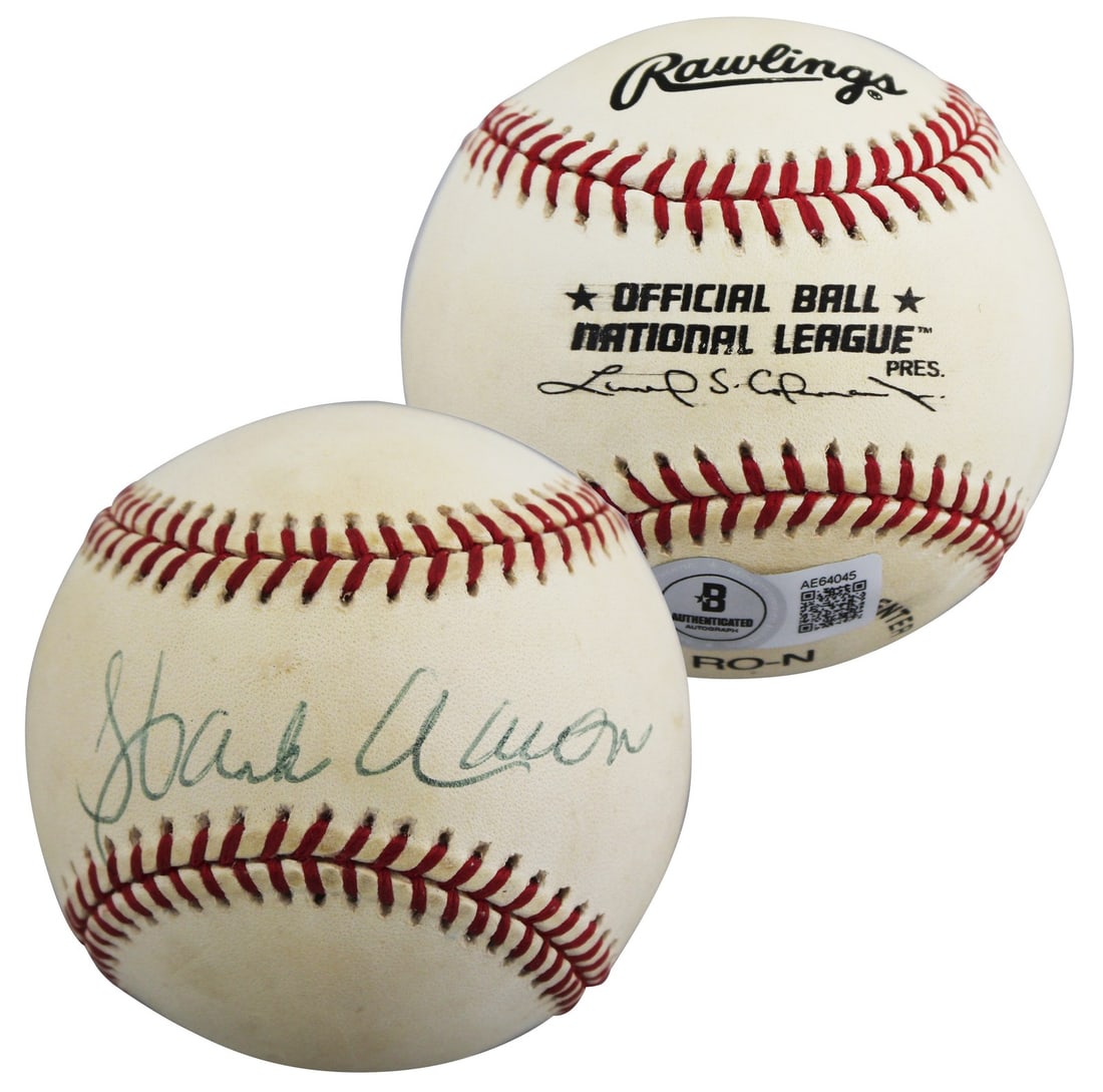 Hank Aaron Signed Atlanta Braves ONL Baseball Beckett Authentic: Hank Aaron Signed Atlanta Braves ONL Baseball Beckett Authentic This authentic signed Rawlings Official National League Baseball, featuring Leonard Coleman, has been personally signed by the legendary