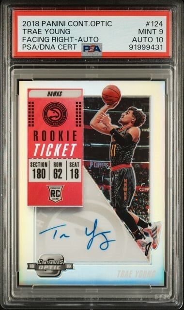 Trae Young 2018-19 Contenders Optic Autograph PSA 9 RC Hawks: Trae Young 2018-19 Contenders Optic Autograph PSA 9 RC Hawks This is a Trae Young 2018-19 Contenders Optic Autograph Basketball Card, graded PSA 9 with an autograph grade of 10. A standout card for co