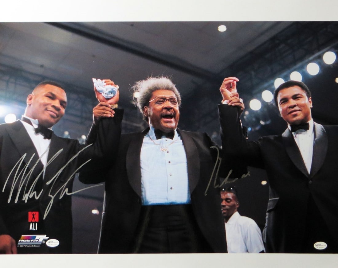 Muhammad Ali Mike Tyson Signed 16x20 Boxing Photo Online Authentics: Muhammad Ali Mike Tyson Signed 16x20 Boxing Photo Online Authentics This impressive 16X20 photo features the legendary boxers Muhammad Ali and Mike Tyson, both of whom have signed this remarkable piec