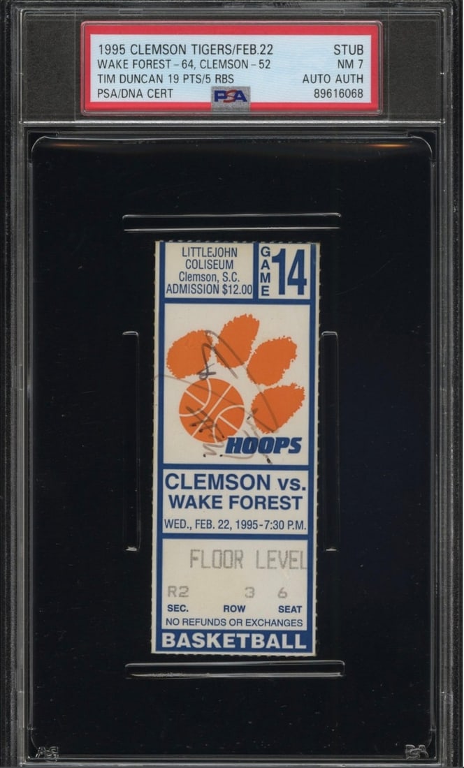 Tim Duncan Autographed Ticket PSA/DNA 1995 Wake Forest vs Clemson: Tim Duncan Autographed Ticket PSA/DNA 1995 Wake Forest vs Clemson This is a 1995 Wake Forest vs Clemson ticket that has been autographed by NBA legend Tim Duncan, known for his illustrious career with