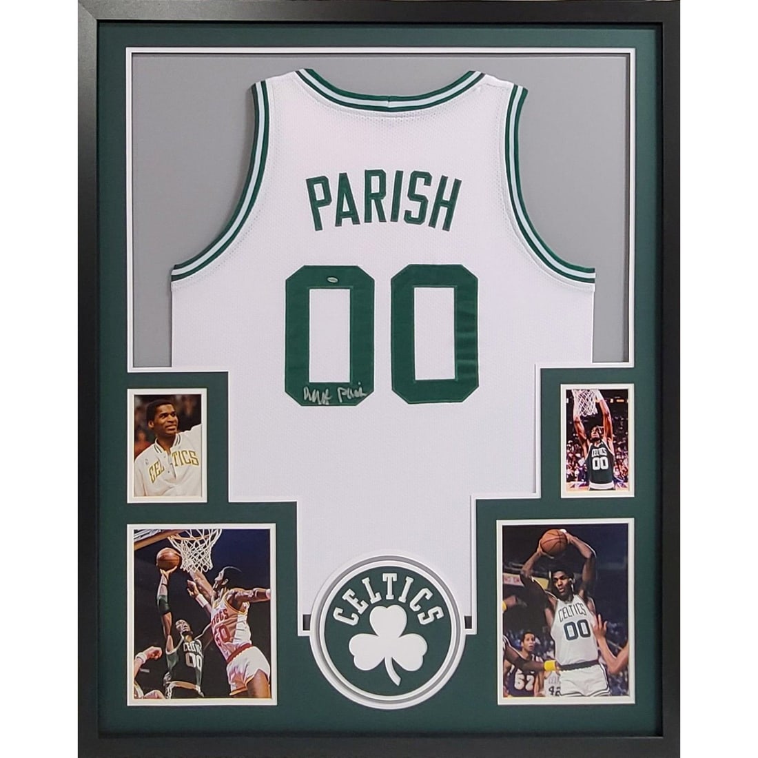 Boston Celtics Robert Parish Signed Jersey in Framed Display with OK Authentics COA: Boston Celtics Robert Parish Signed Jersey in Framed Display with OK Authentics COA This is a framed Boston Celtics jersey autographed by Robert Parish. The jersey is authenticated by OK Authentics an