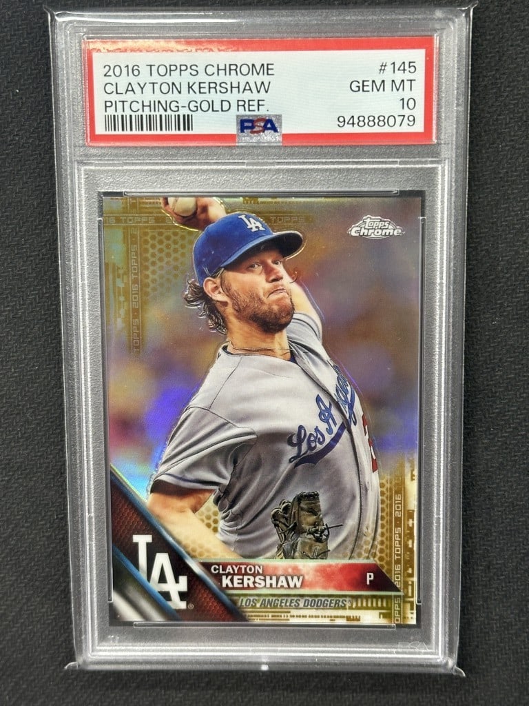 Clayton Kershaw 2016 Topps Chrome Gold Refractor PSA 10 #145 Dodgers: Clayton Kershaw 2016 Topps Chrome Gold Refractor PSA 10 #145 Dodgers This is a highly collectible 2016 Topps Chrome Gold Refractor baseball card featuring Clayton Kershaw, a star pitcher for the Los A