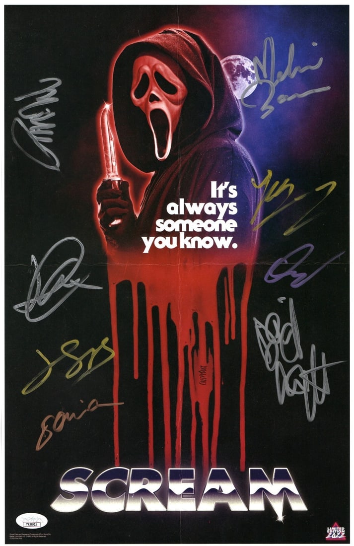 Scream 2022 Cast Autographed 11x17 Poster with JSA Authentication: Scream 2022 Cast Autographed 11x17 Poster with JSA Authentication This original 11x17 poster from the 2022 film 'Scream' features a remarkable collection of autographs from the cast, including David A