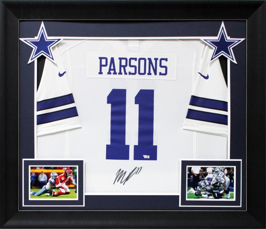 Micah Parsons Signed Framed White Nike Jersey Dallas Cowboys Authentic Fanatics: Micah Parsons Signed Framed White Nike Jersey Dallas Cowboys Authentic Fanatics Celebrate your fandom with this authentic, autographed white Nike game jersey of Micah Parsons from the Dallas Cowboys.