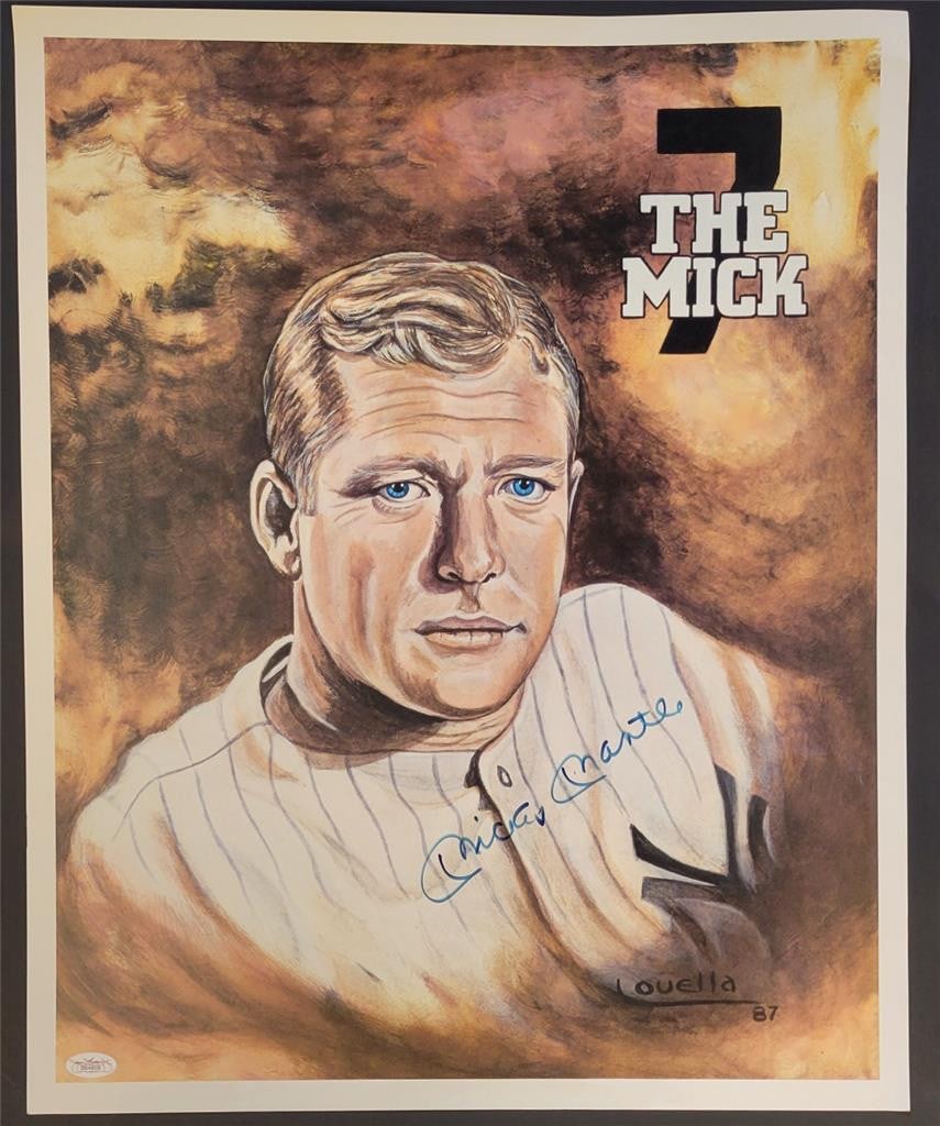 Mickey Mantle 1987 Lithograph Photo Signed JSA Authenticated Yankees: Mickey Mantle 1987 Lithograph Photo Signed JSA Authenticated Yankees This original 1987 Louella lithograph photo features the legendary Mickey Mantle, an iconic player of the New York Yankees. The pie