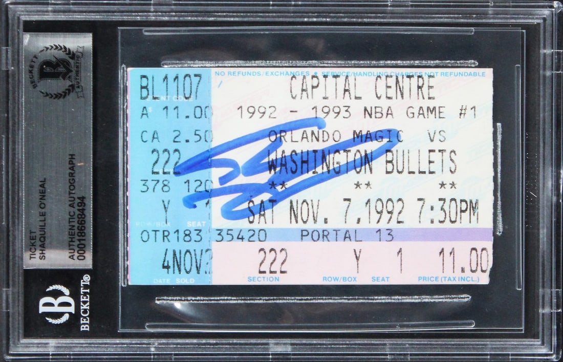 Shaquille O'Neal Signed 1992 Magic Bullets Ticket Stub Beckett Authenticated: Shaquille O'Neal Signed 1992 Magic Bullets Ticket Stub Beckett Authenticated This unique collectible features a ticket stub from the 1992 game between the Orlando Magic and the Bullets, personally sig