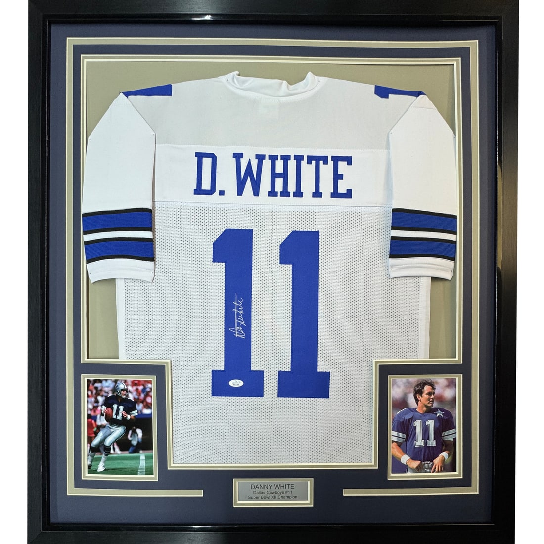 Framed Autographed Danny White Dallas Cowboys Jersey with JSA COA: Framed Autographed Danny White Dallas Cowboys Jersey with JSA COA This professionally framed autographed jersey features NFL legend Danny White, showcasing his signature prominently. The jersey is fro