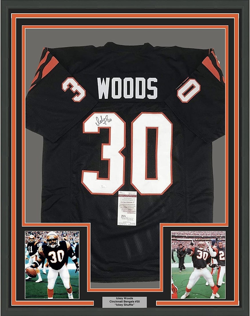 Framed Autographed Ickey Woods Cincinnati Bengals Jersey JSA COA 33x42: Framed Autographed Ickey Woods Cincinnati Bengals Jersey JSA COA 33x42 This professionally framed and matted display features an autographed Ickey Woods Cincinnati Bengals jersey, perfect for any foot