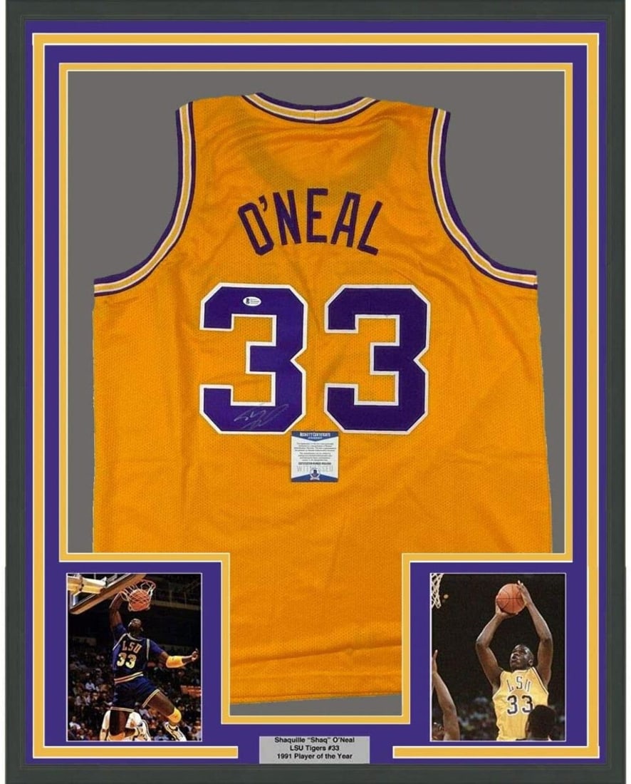 Framed Signed Shaquille O'Neal LSU Jersey with BAS COA 35x39: Framed Signed Shaquille O'Neal LSU Jersey with BAS COA 35x39 Showcase your admiration for one of college basketball's greats with this professionally framed and autographed Shaquille "Shaq" O'Neal LSU