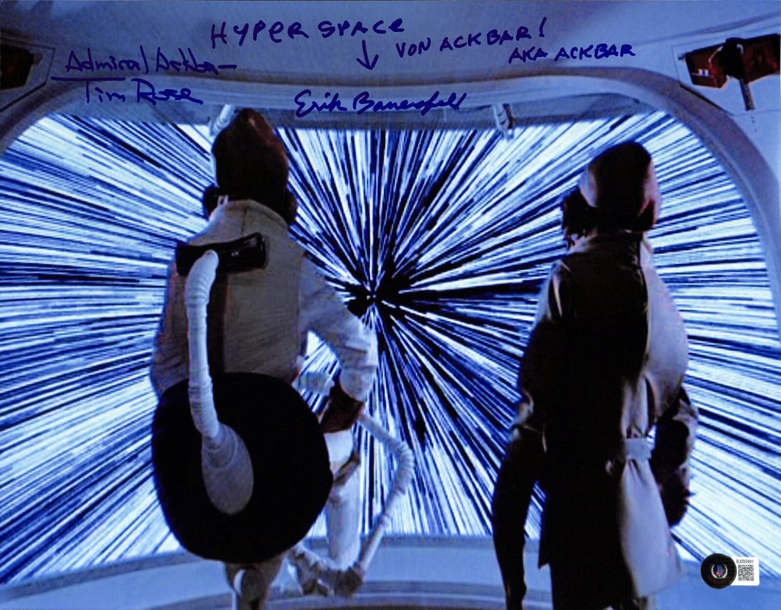 Admiral Ackbar 11x14 Photo Signed by Erik Bauersfeld and Tim Rose Beckett Authenticated: Admiral Ackbar 11x14 Photo Signed by Erik Bauersfeld and Tim Rose Beckett Authenticated This is an original 11x14 inch color photograph from Star Wars: Return of the Jedi, signed by Erik Bauersfeld, t