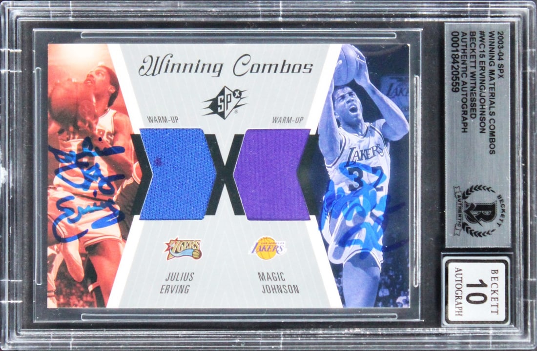 Magic Johnson Julius Erving Signed 2003 SPX Winning Materials Card Gem Mint 10 Beckett: Magic Johnson Julius Erving Signed 2003 SPX Winning Materials Card Gem Mint 10 Beckett This collectible features the iconic 2003 SPX Winning Materials Combos #WC15 basketball card, personally signed b