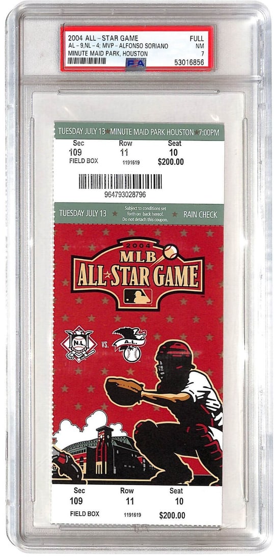 2004 MLB All-Star Game Ticket Alfonso Soriano MVP PSA Grade 7: 2004 MLB All-Star Game Ticket Alfonso Soriano MVP PSA Grade 7 Celebrate a memorable moment in baseball history with this original full ticket from the 2004 MLB All-Star Game, featuring Alfonso Soriano