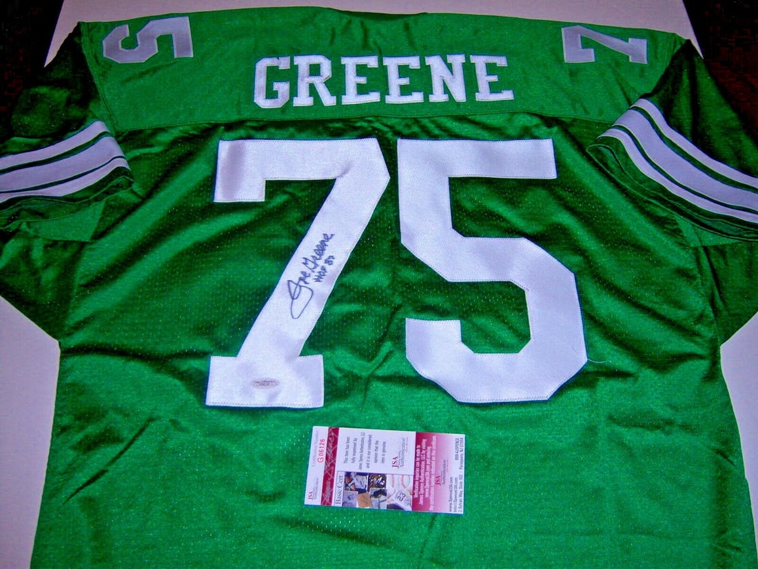 Joe Greene autographed football jersey with JSA COA Hall of Fame Steelers North Texas: Joe Greene autographed football jersey with JSA COA Hall of Fame Steelers North Texas This is a pre-owned football jersey signed by Joe Greene, featuring his association with North Texas and the Pitts