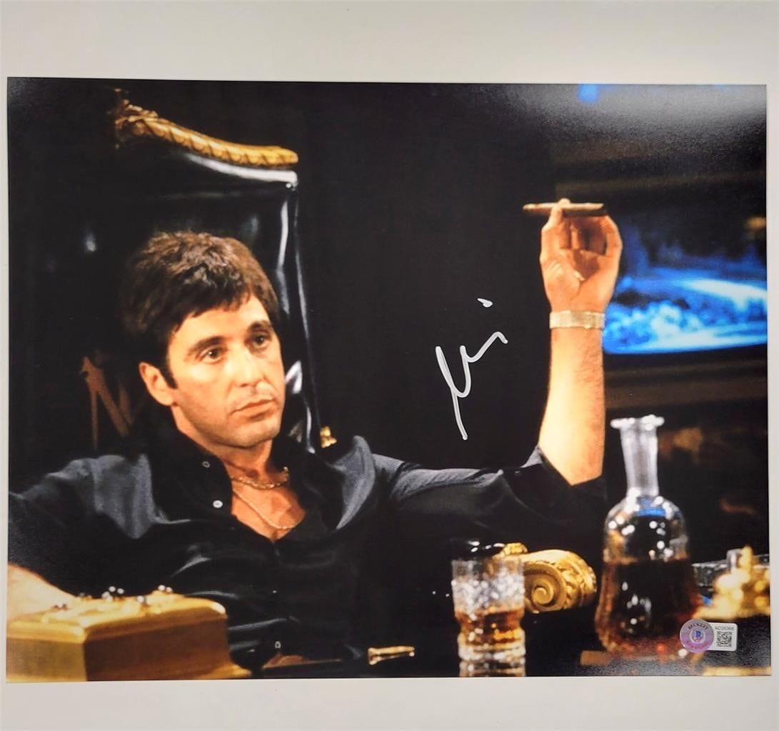 Al Pacino Autographed Scarface 11x14 Photo Beckett Authenticated: Al Pacino Autographed Scarface 11x14 Photo Beckett Authenticated This original 11x14 photograph features a striking image from the iconic movie Scarface, personally signed by the legendary actor Al Pa